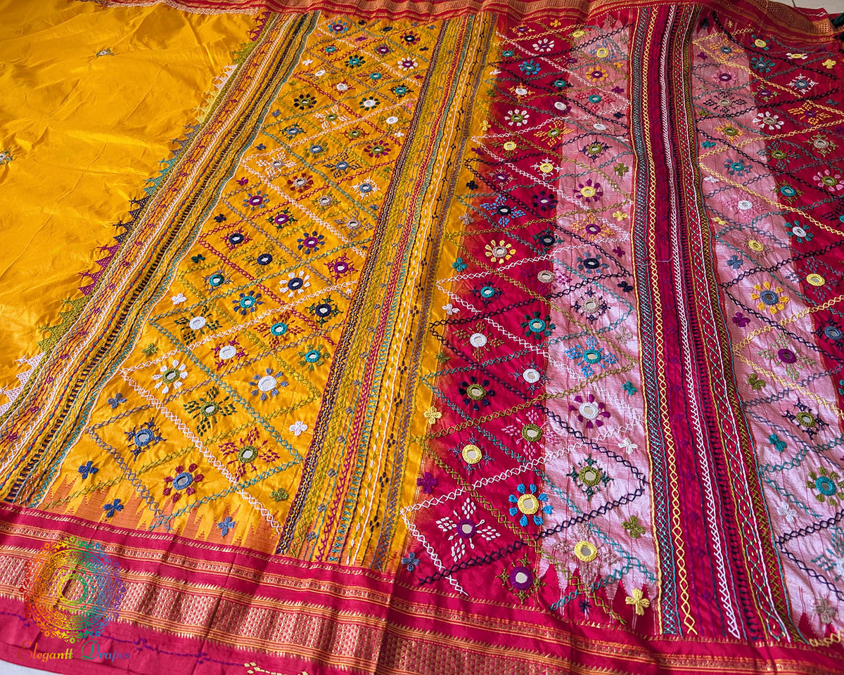 Detailed view of handcrafted embroidery on red palla of Ilkal silk saree