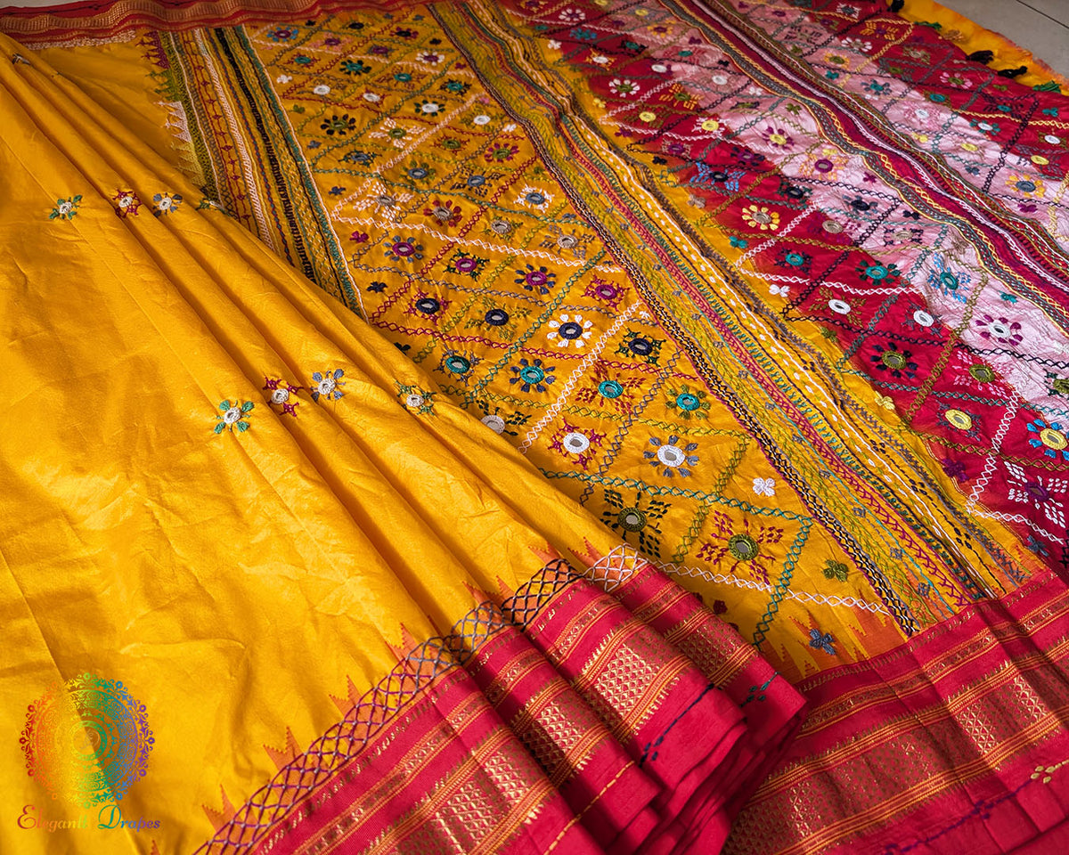 Red border close up on yellow Ilkal silk saree highlighting embroidery