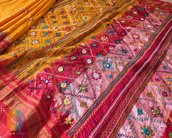 Yellow Lambani embroidered Ilkal silk saree full layout view with red accents