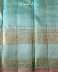 Yellow Pure Kanjivaram Handloom Silk Saree – Matching Blouse Piece View showcasing the blouse fabric coordinated with the pale yellow saree body and contrasting sea green palla and border.