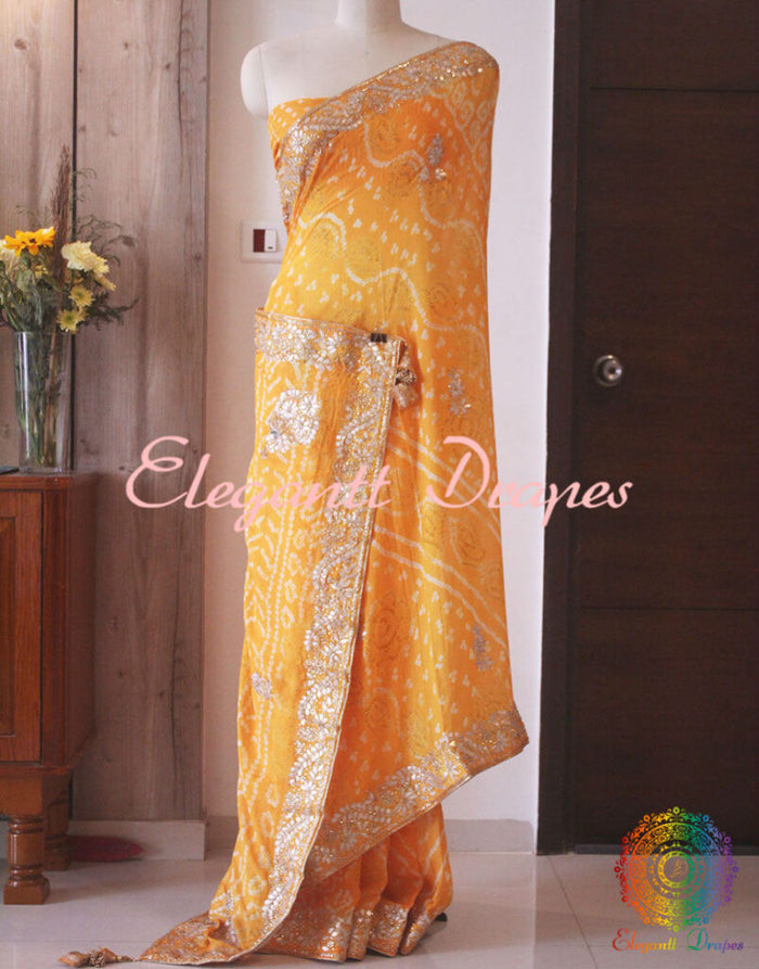 Mango Yellow Pure Crepe Rai Bandhej Gota Patti Saree