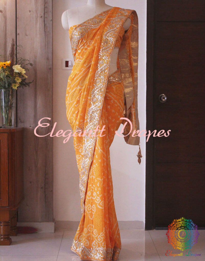Mango Yellow Pure Crepe Rai Bandhej Gota Patti Saree