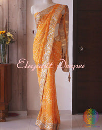 Mango Yellow Pure Crepe Rai Bandhej Gota Patti Saree