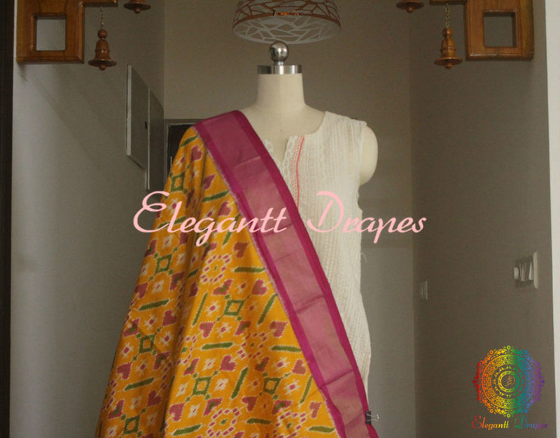 Yellow Double Ikat Pure Silk Handwoven Dupatta | Elegantt Drapes