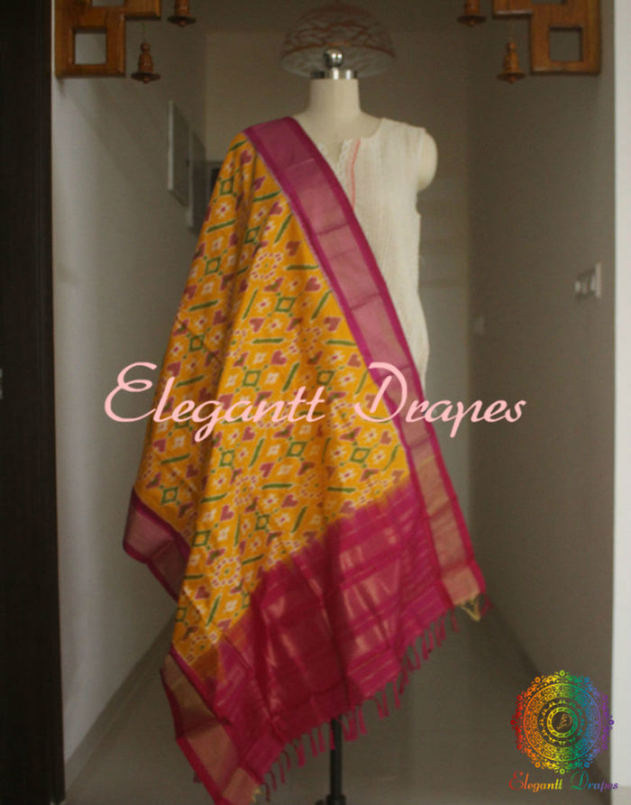 Yellow Double Ikat Pure Silk Handwoven Dupatta | Elegantt Drapes