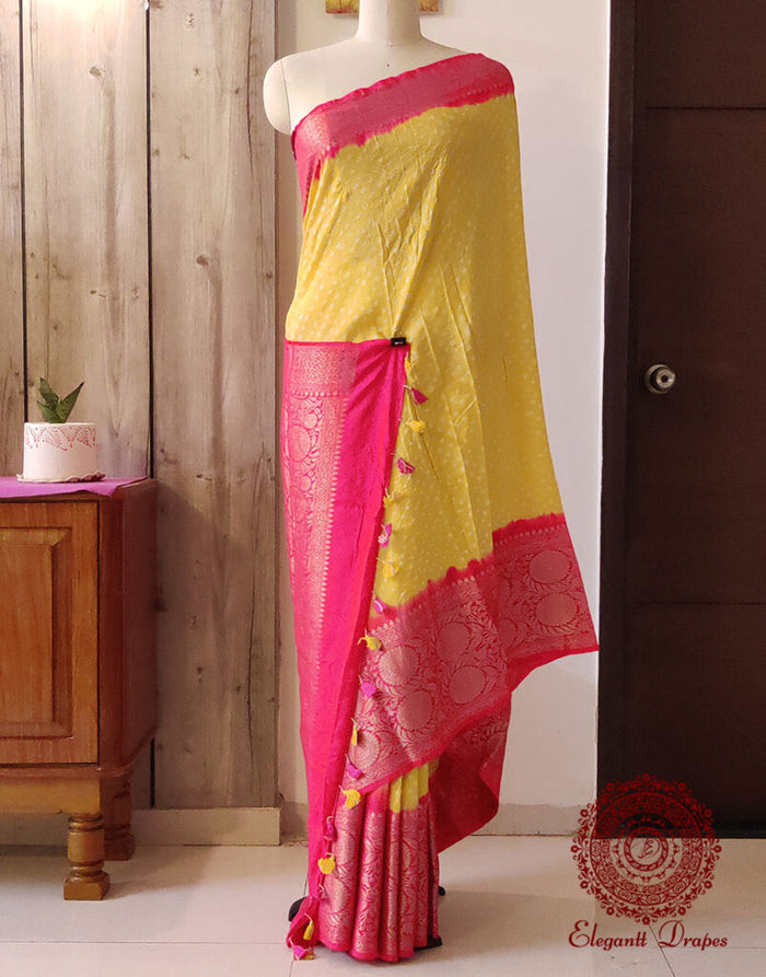 Yellow Silk Bandhani Meenakari Saree – Bandhani Saree Online India | Elegantt Drapes