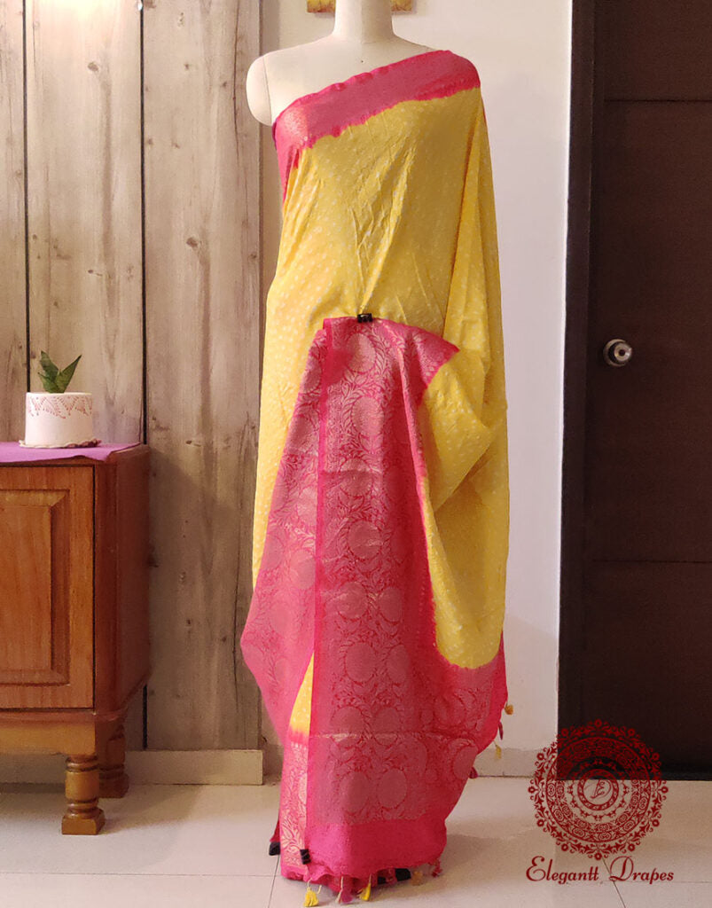 Yellow Silk Bandhani Meenakari Saree – Bandhani Saree Online India | Elegantt Drapes