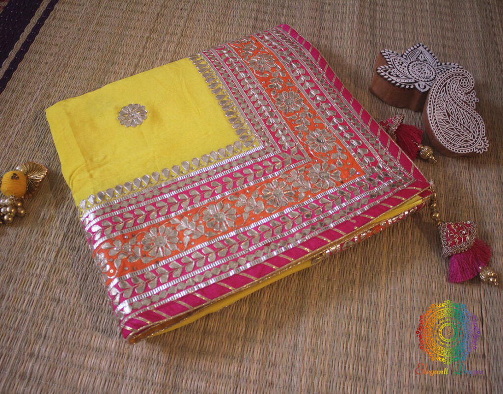 Yellow Gota Patti Handwork Pure Chinon Crepe Saree