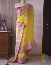 Yellow Gota Patti Handwork Pure Chinon Crepe Saree