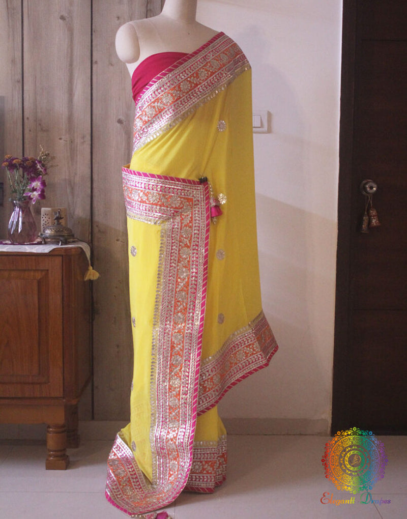 Yellow Gota Patti Handwork Pure Chinon Crepe Saree