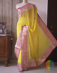 Yellow Gota Patti Handwork Pure Chinon Crepe Saree