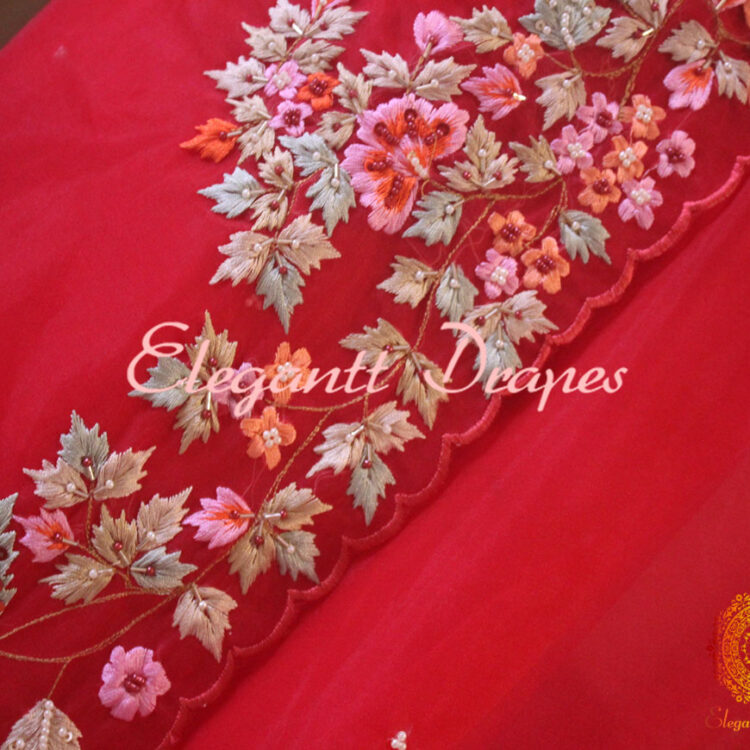 Red Pure Organza Silk Hand Embroidered Saree