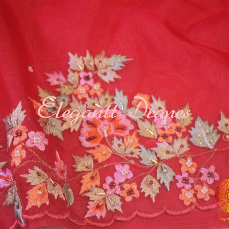 Red Pure Organza Silk Hand Embroidered Saree