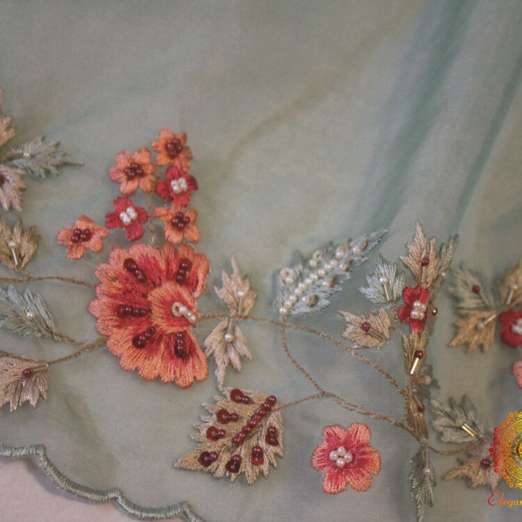 Sea Green Pure Organza Silk Hand Embroidered Saree