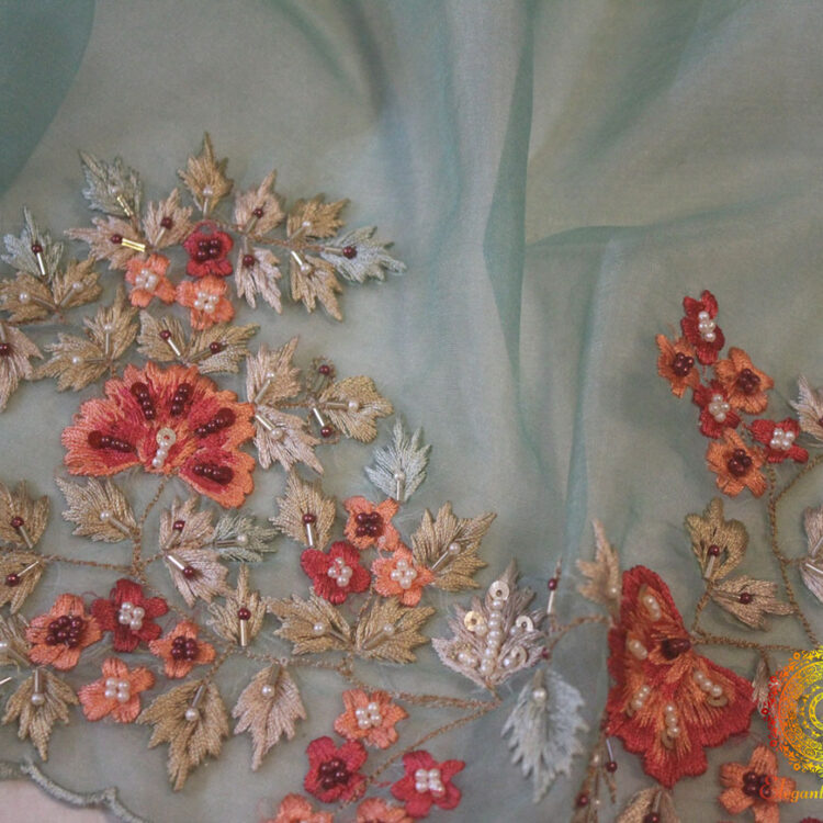 Sea Green Pure Organza Silk Hand Embroidered Saree