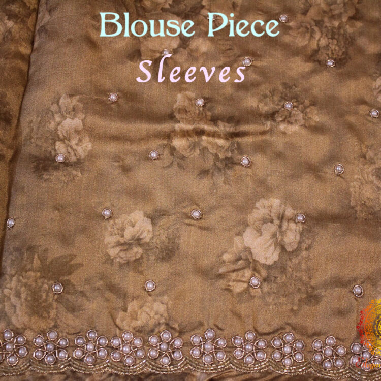 Brown Floral Printed Pure Organza Handwork Saree