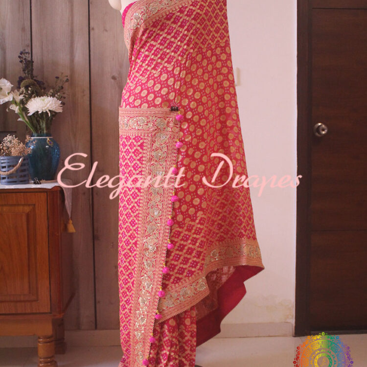 Rani Pink Pure Banarasi Georgette Bandhani Gota Embroidered Saree