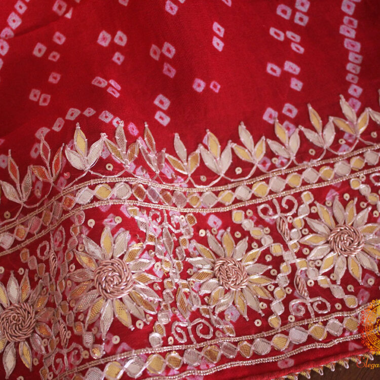Red Gota Hand Embroidery Pure Rai Bandhej Saree