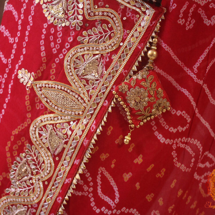 Red Gota Patti Zardozi Handwork Pure Crepe Bandhani Saree
