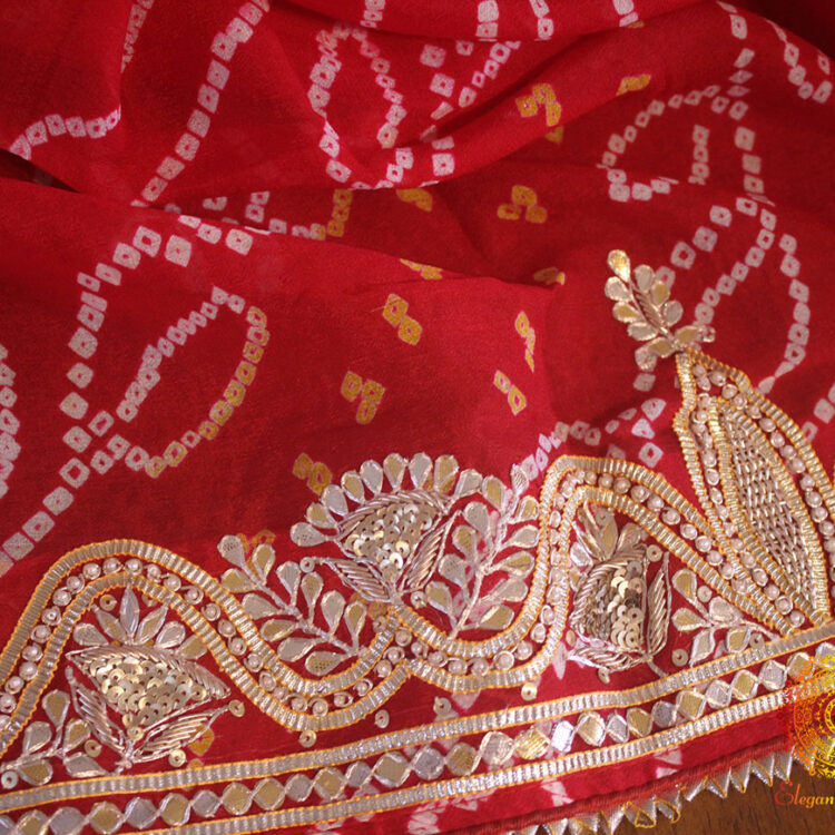 Red Gota Patti Zardozi Handwork Pure Crepe Bandhani Saree
