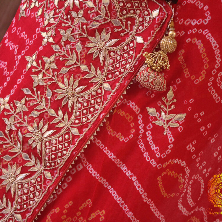 Red Gota Patti Handwork Pure Crepe Bandhani Saree