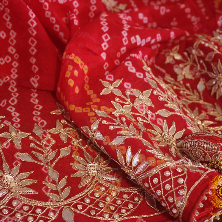 Red Gota Patti Handwork Pure Crepe Bandhani Saree