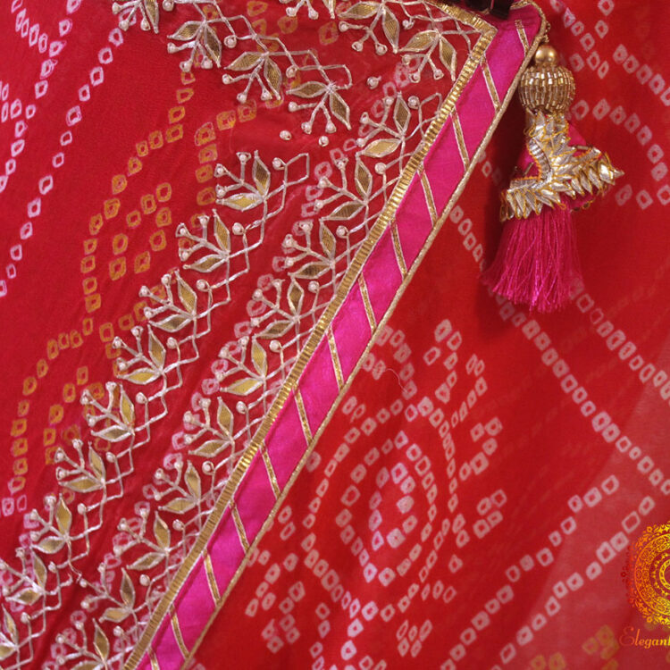 Red Pink Gota Patti Handwork Pure Rai Bandhej Saree
