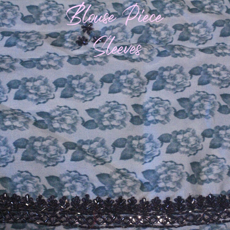 Blue Floral Printed Pure Organza Handwork Saree
