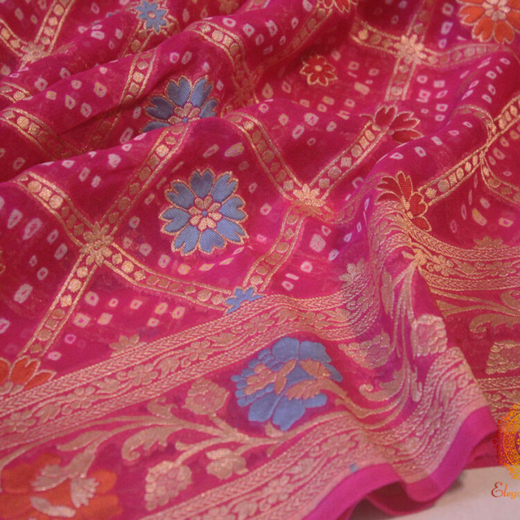Pink Banarasi Georgette Bandhani Meenakari Saree