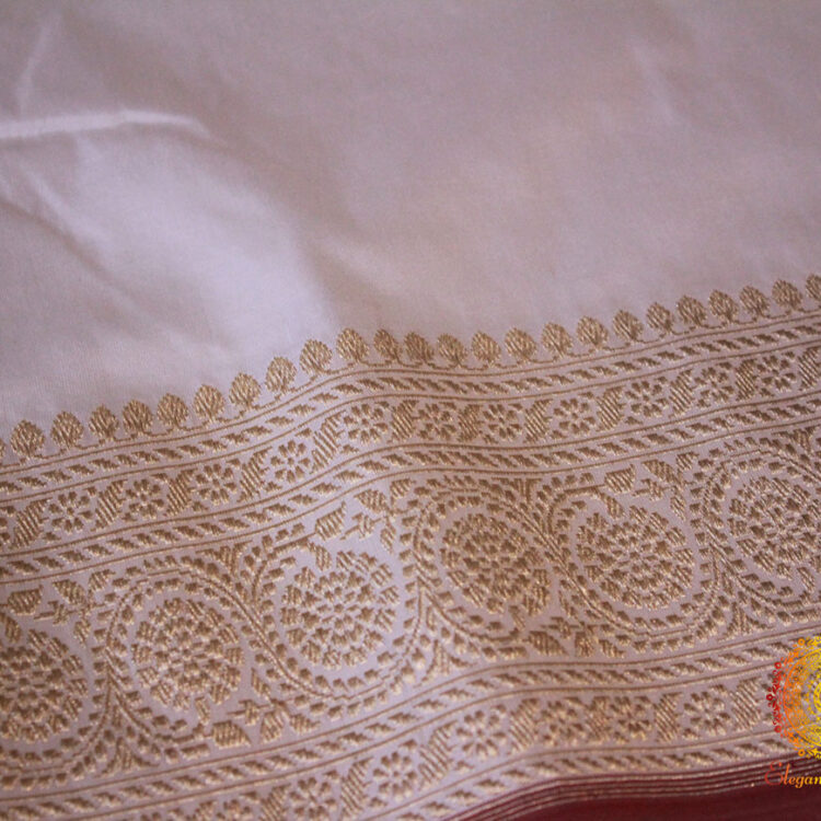 White Banarasi Handloom Pure Katan Silk Konia Saree