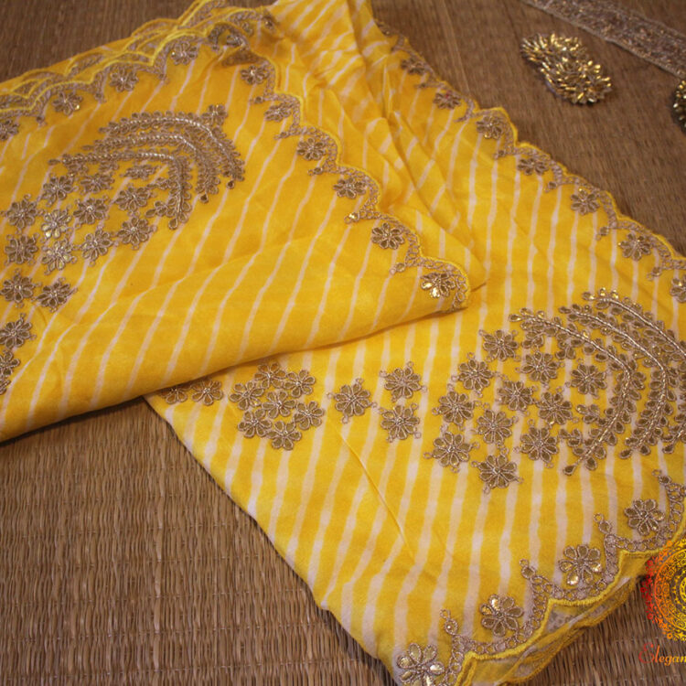 Yellow Leharia Gota Patti Handwork Scalloped Border Saree
