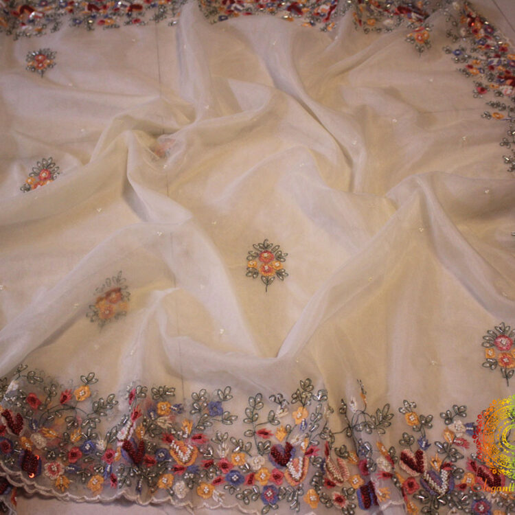 Cream Pure Organza Silk Hand Embroidered Saree