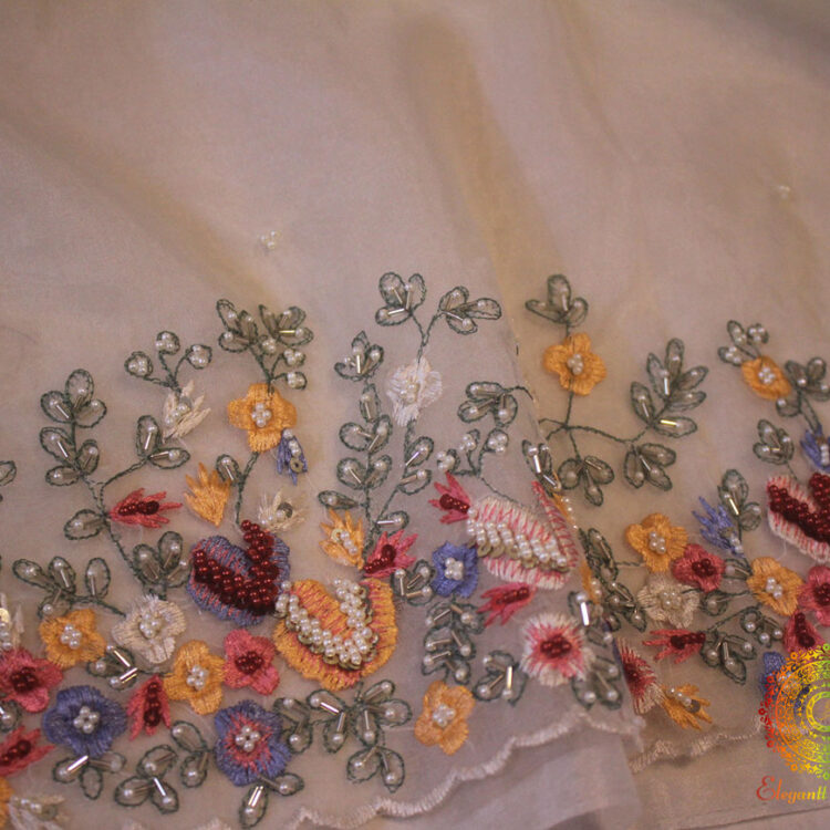 Cream Pure Organza Silk Hand Embroidered Saree
