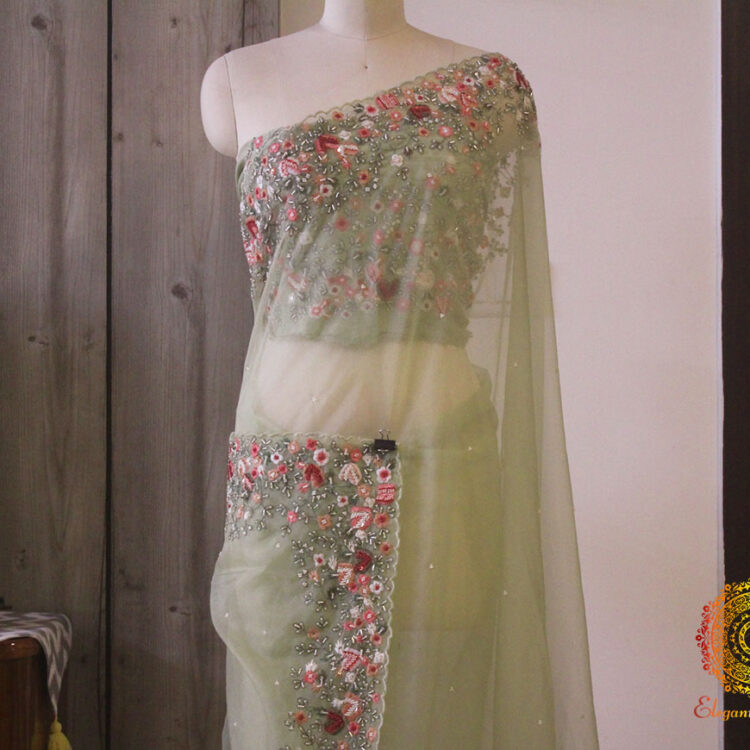 Pista Green Pure Organza Silk Hand Embroidered Saree