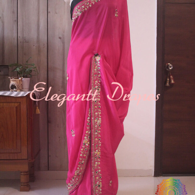Rani Pink Soft Tussar Silk Zardozi Handwork Saree