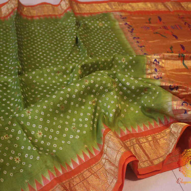 Green Pure Silk Paithani Bandhani Saree
