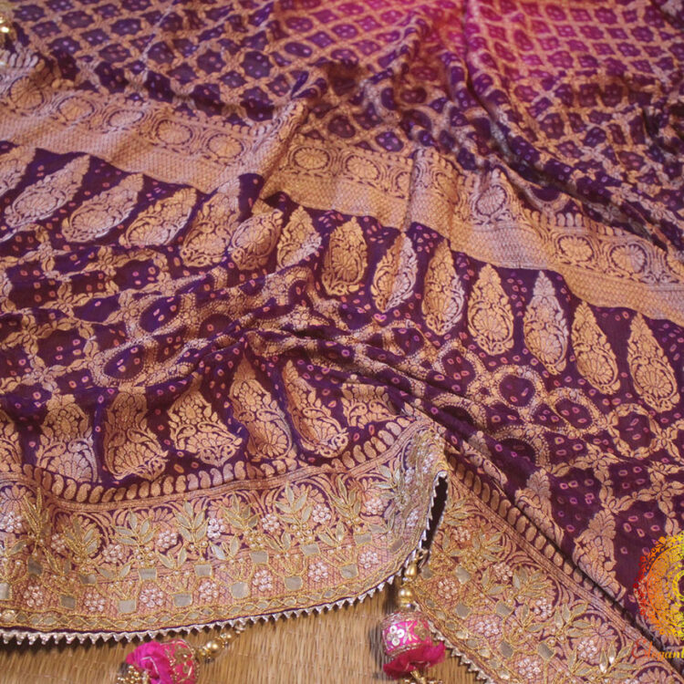 Shaded Purple Pure Banarasi Georgette Bandhani Gota Work Saree