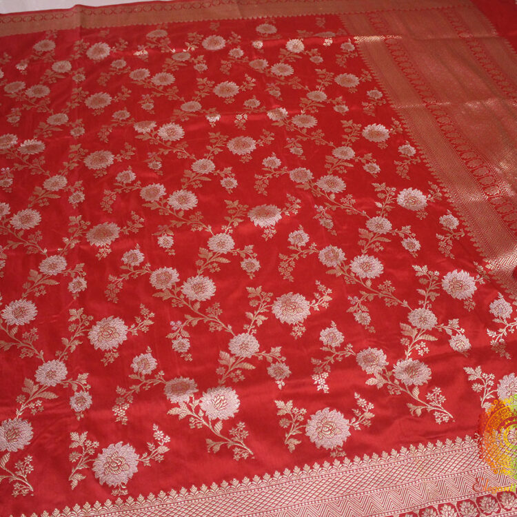 Red Banarasi Handloom Pure Katan Silk Jungla Dupatta