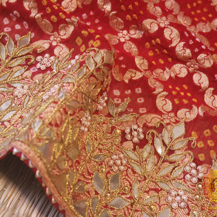 Red Pure Banarasi Georgette Bandhani Gota Embroidered Saree