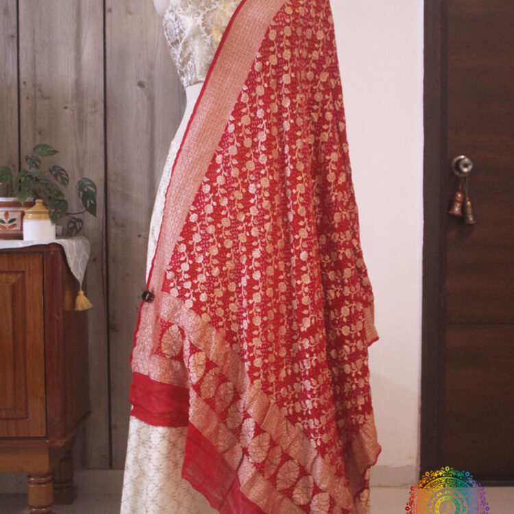 Red Pure Banarasi Handloom Georgette Bandhani Dupatta