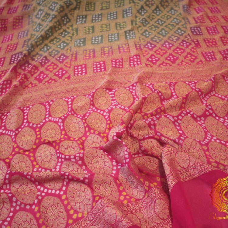 Pink Olive Pure Banarasi Khaddi Georgette Bandhani Saree