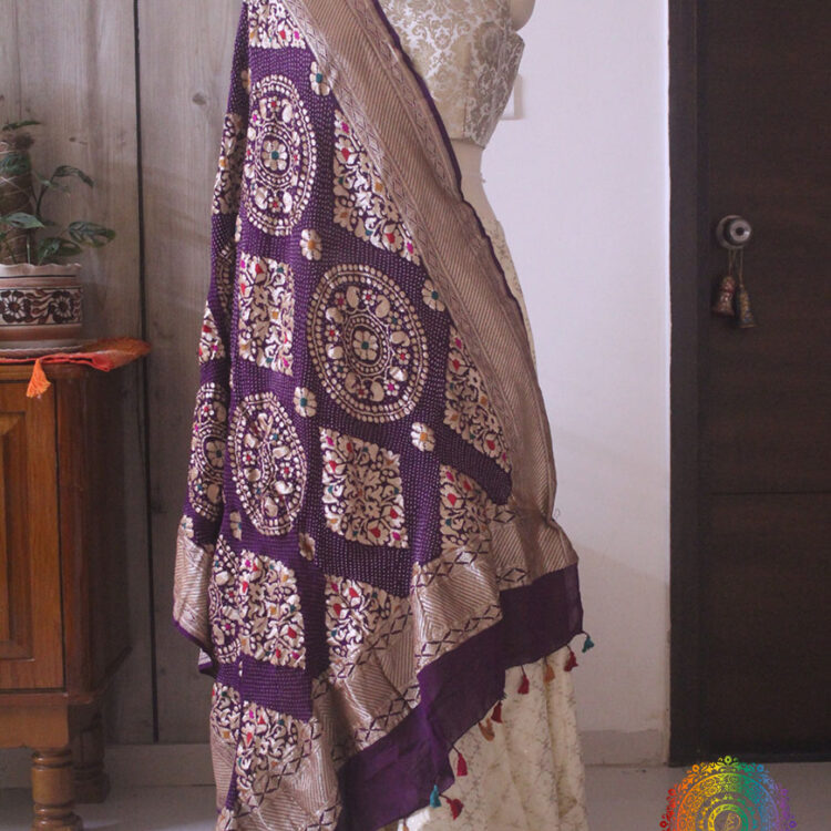 Purple Banarasi Handloom Georgette Meenakari Bandhani Dupatta