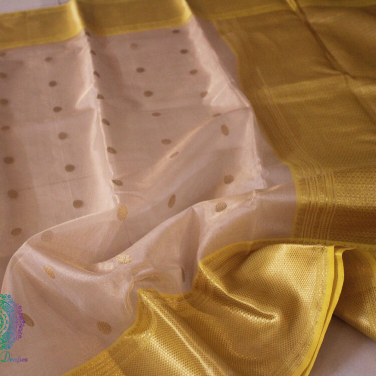 Beige Yellow Pure Chanderi Handloom Tissue Silk Saree