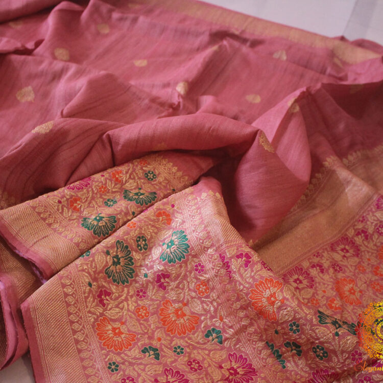 Rouge Pink Pure Banarasi Handloom Tussar Georgette Saree