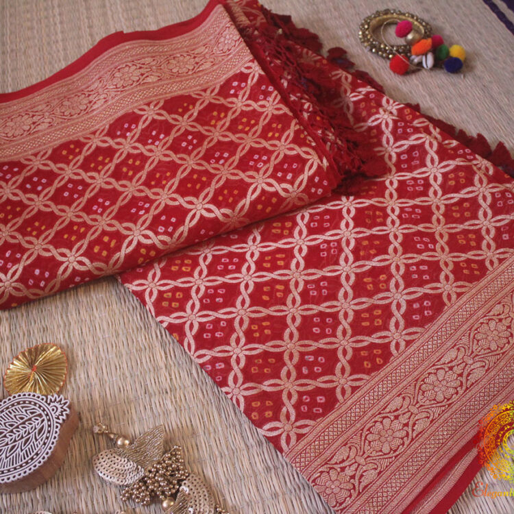 Bridal Red Pure Banarasi Khaddi Georgette Bandhani Saree