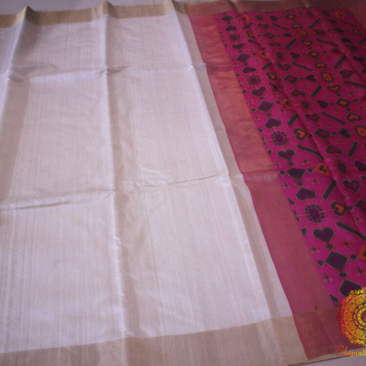 White Banarasi Handloom Pure Tussar Silk Patola Saree