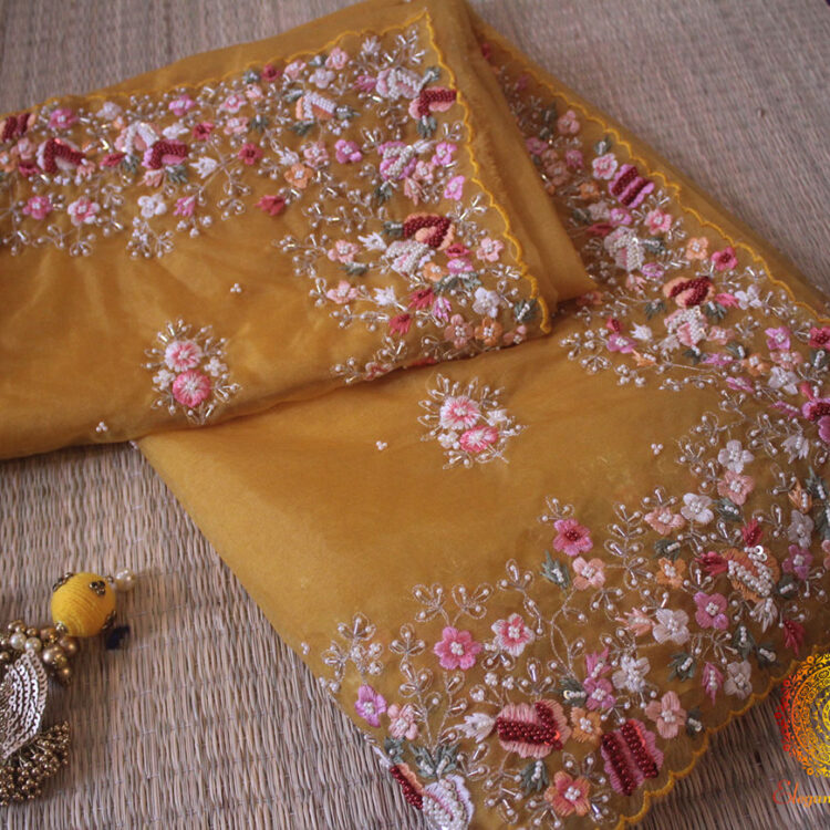 Canary Yellow Pure Organza Silk Hand Embroidered Saree