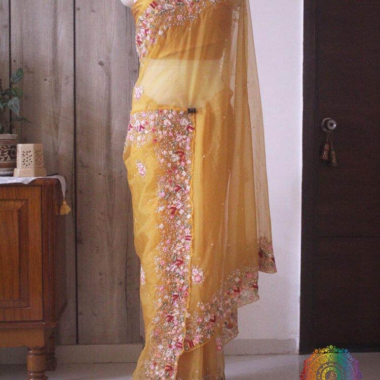 Canary Yellow Pure Organza Silk Hand Embroidered Saree