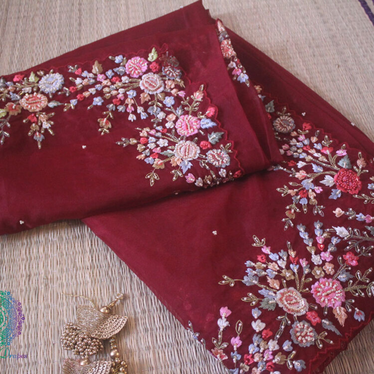 Maroon Pure Organza Silk Hand Embroidered Saree