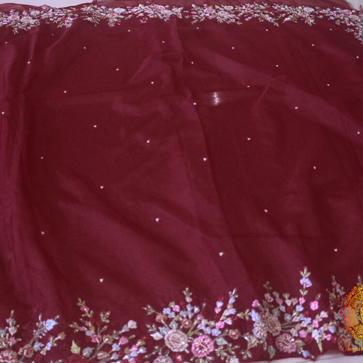 Maroon Pure Organza Silk Hand Embroidered Saree